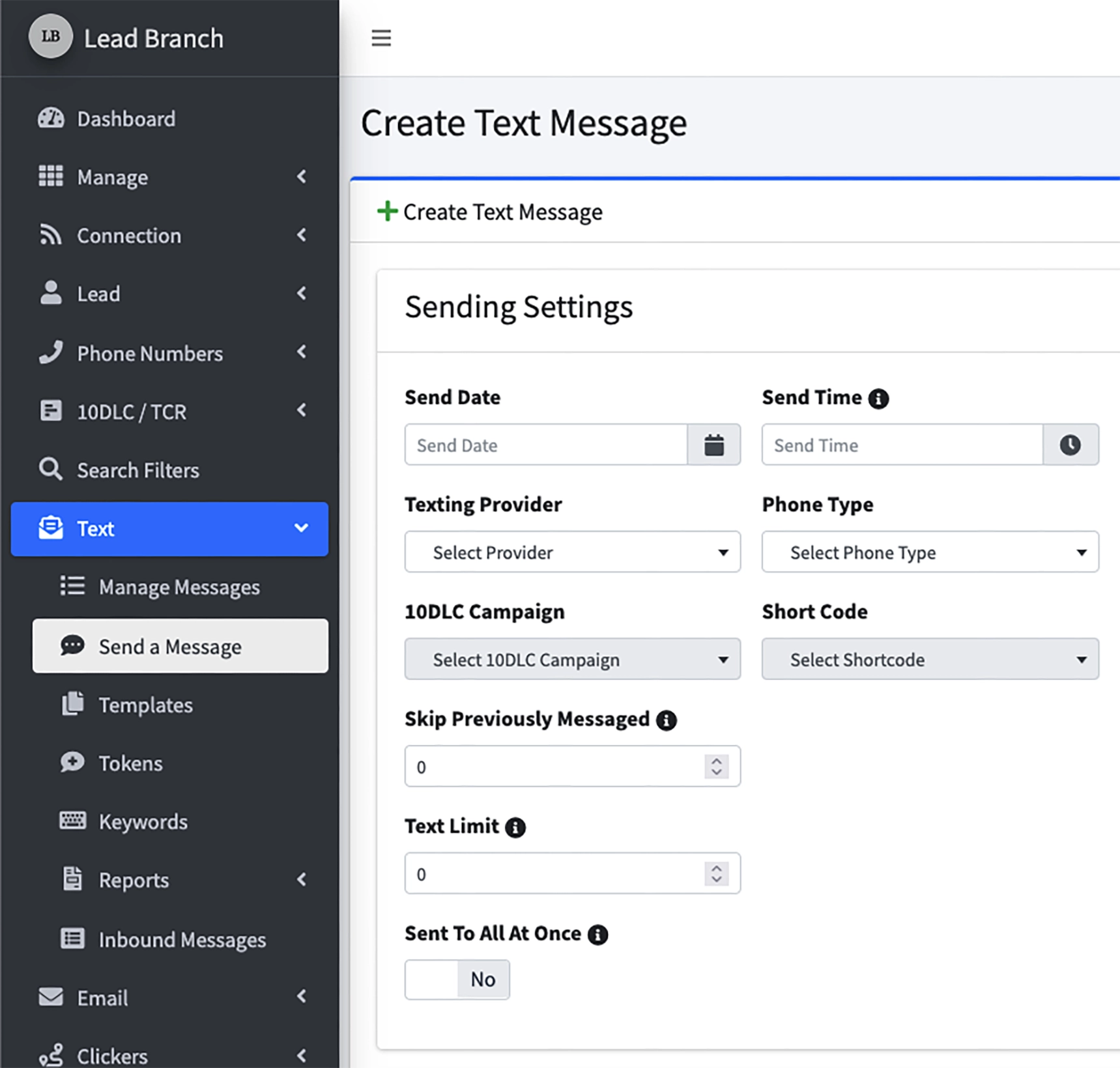 A dashboard of settings to create a custom text messages.